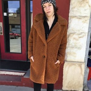 C&C California Teddy Coat Brown Faux Shearling Oversized Cozy Jacket Large